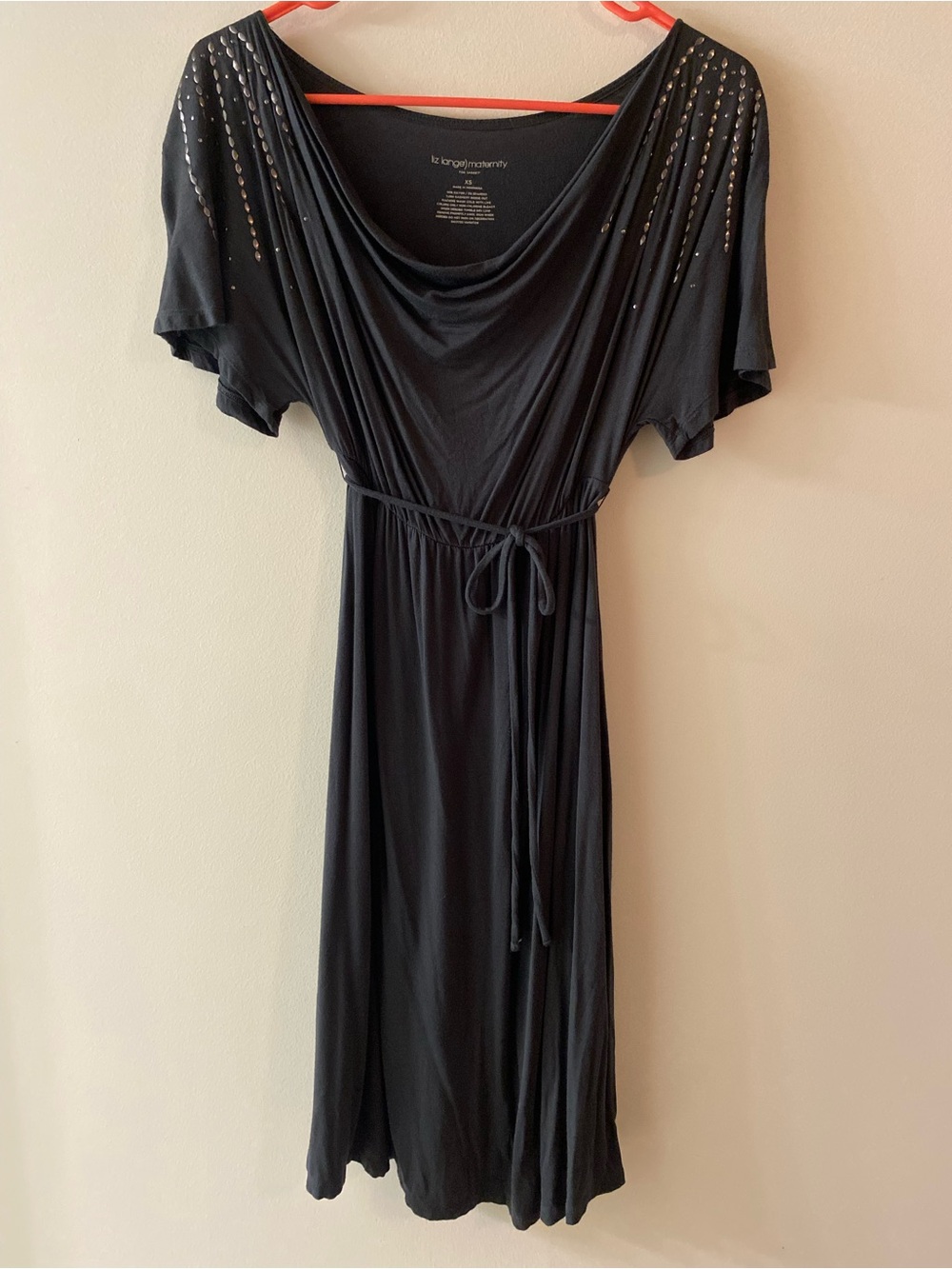 Liz Lange Maternity Charcoal Jersey Drape-Neck Midi Dress with Stud Accents
